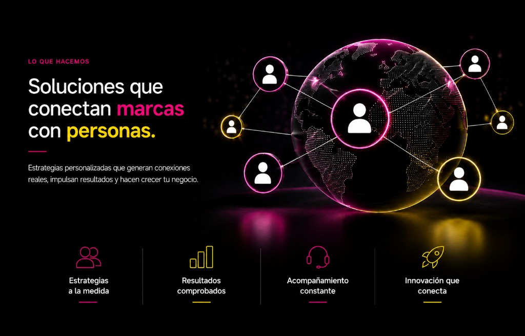 Qué hacemos: Soluciones que conectan marcas con personas. Estrategias a la medida, resultados comprobados, acompañamiento constante e innovación conectada.