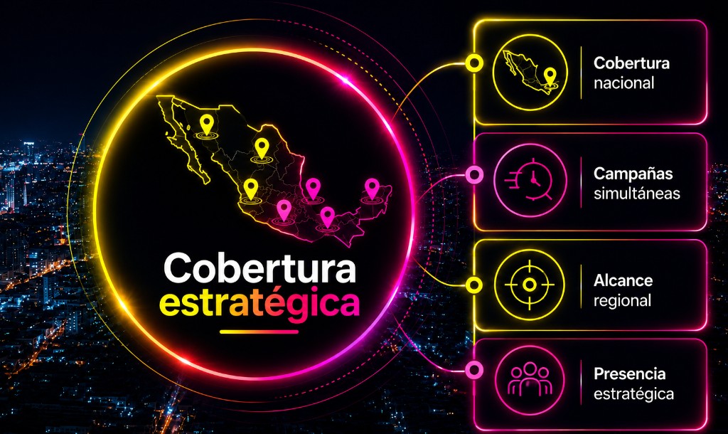 Cobertura estratégica nacional — Mapa de México con puntos de presencia OOH